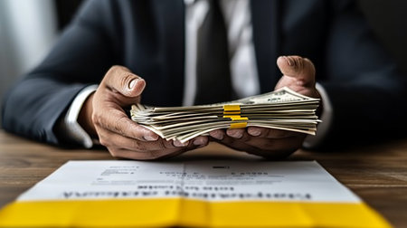 Businessman s hands holding bills with blurred ukrainian flag, space for text  financial concept.の素材
