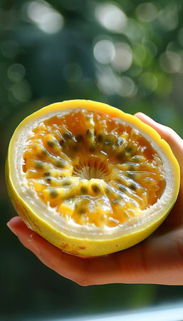 Passion fruit selection  hand holding fresh passion fruit on blurred background with copy spaceの素材