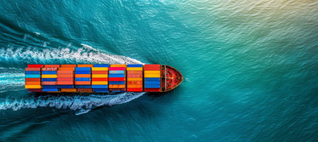 Aerial view of vibrant container cargo ship in blue sea with copy space for text placement.の素材