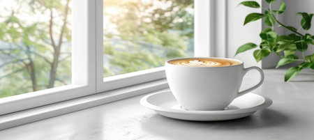 Morning coffee in modern kitchen, white cup on table, summer breakfast scene with copy spaceの素材
