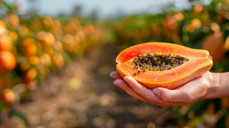 Hand holding ripe papaya with copy space on defocused background for text placementの素材