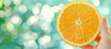 Fresh organic orange and apple selection held in hand with blurred background and space for textの素材