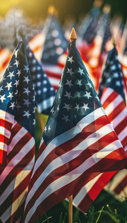 Honoring american veterans on memorial day with american flags at a national cemeteryの素材