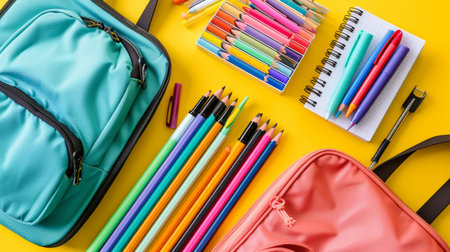School bag essentials  colorful stationery supplies banner for education on yellow backgroundの素材