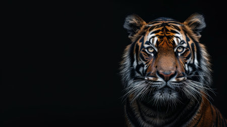 Majestic male tiger and playful cub pose together, empty space for text on left sideの素材
