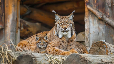 Male lynx and lynx cub portrait with spacious area on the left for convenient text insertionの素材