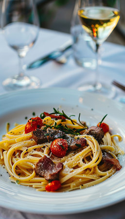 Delicious italian carbonara pasta with bacon, cheese, and meat   traditional spaghetti dishの素材