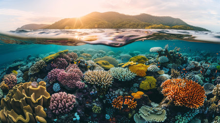Golden hour sunset split view of great barrier reef marine ecosystem in queensland, australiaの素材