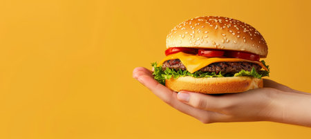 Hands holding burger on yellow backdrop with space for text, perfect for food advertisementsの素材