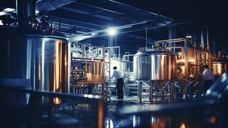 Modern beer production  technicians analyze samples in stainless steel brewery labの素材