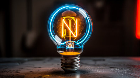 Light bulb surrounded by vibrant neon lights, providing spacious area for artistic innovationの素材