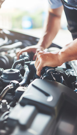 Professional technician hands conducting car repairs at an auto service workshopの素材