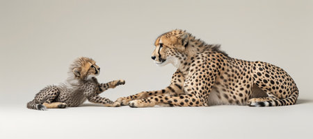 Male cheetah and cub with text space, object on right side for balanced compositionの素材