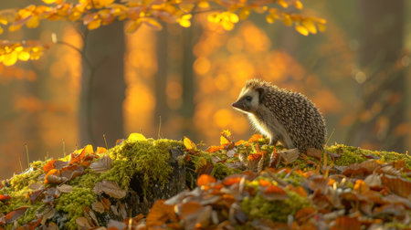 Adorable hedgehog among lush greenery in the forest with beautifully blurred backgroundの素材