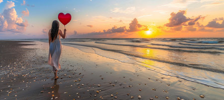 Sunset beach scene  woman in sundress on seashell beach holding heart shape, romantic summer vibeの素材