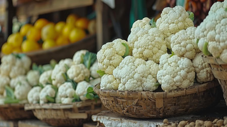 Close up of fresh organic cauliflower creating a textured background for culinary conceptsの素材