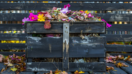 Eco friendly compost bin filled with organic waste and green debris for sustainable recyclingの素材
