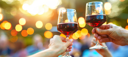 Friends raising glasses of red wine at outdoor summer party, toasting and celebrating togetherの素材