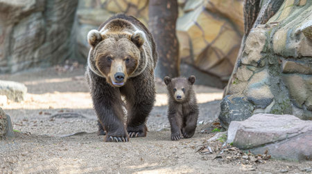 Male bear and cub portrait with space for text, object on the right side, ideal for custom messagingの素材