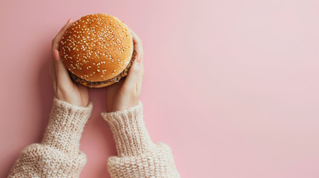 Hands holding burger on vibrant backdrop with generous room for custom text placementの素材