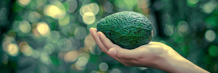 Creamy avocado in hand, selection of avocados on blurred background with copy spaceの素材