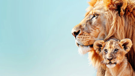 Majestic male lion and cub pose together, space on left for text, object on rightの素材