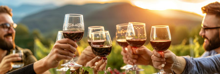 Friends raising glasses of red wine in a toast at outdoor summer party celebrationの素材