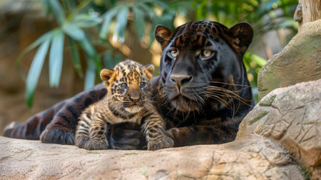 Male panther and cub portrait with text space, object on right for balanced compositionの素材