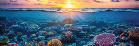 Split view sunset over great barrier reef coral ecosystem in queensland, australiaの素材