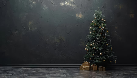 Festive christmas tree with presents against dark gray wall, bokeh lights, copy spaceの素材