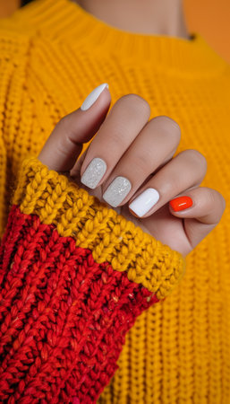 Glitter white nail design on female hand with pastel sweater, elegant manicure styleの素材