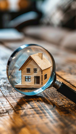 Discovering real estate  house model revealed under a magnifying glass for property explorationの素材