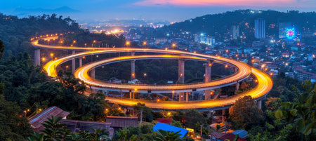 Aerial view of complex multilevel junction interchange on expressway road networkの素材