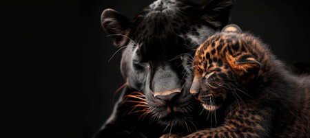 Male panther and cub portrait with ample text space, object on right side for balanceの素材