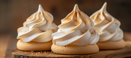 High quality food photography showcasing meringue cookies elegantly placed on a kitchen tableの素材