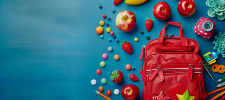 School bag essentials  stationery supplies banner design on blue background with copy spaceの素材