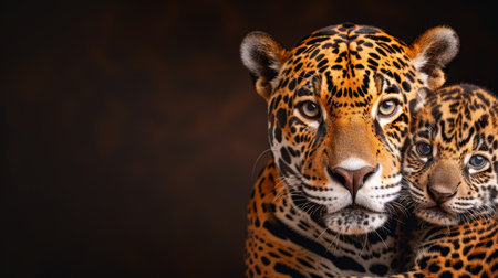 Male jaguar and cub portrait with empty space on left for text, object on right sideの素材