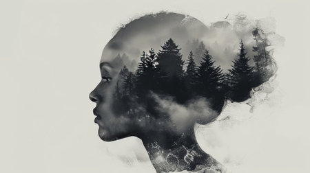 Surreal double exposure  woman s silhouette blended with enchanting forest sceneの素材