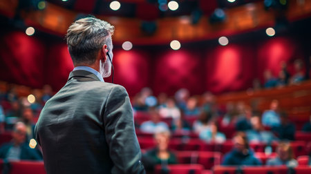 Dynamic male motivational speaker engaging captivated crowd in auditorium with warm stage lightsの素材