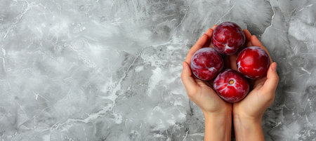 Hand holding ripe plum with selective focus on blurred plums background for text placementの素材