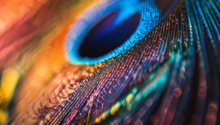 Vibrant close up photography capturing intricate peacock feather patterns as a stunning backgroundの素材
