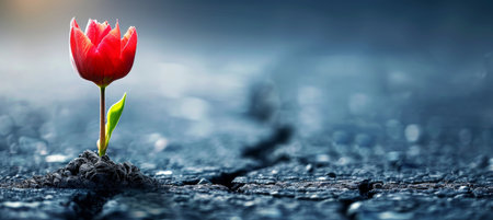 Macro shot of tiny blossom emerging on cracked pavement signifying nature s resilienceの素材