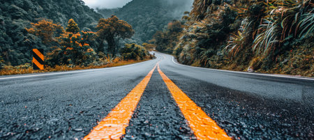 Tranquil forest road winding through scenic woodland in serene natural landscapeの素材