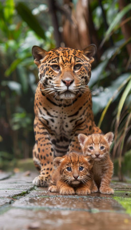 Jaguarundi male and kitten portrait with ample open space on the left for text placementの素材