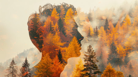Surreal double exposure  man s profile merged with lush forest landscape for artistic effectの素材
