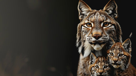 Male lynx and cub portrait with text space, object on right, room for more contentの素材