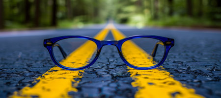 Trendy glasses placed on urban street pavement in a stylish and fashionable street sceneの素材