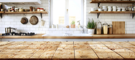 Empty wooden table against blurred kitchen countertop for stylish and elegant home decorの素材