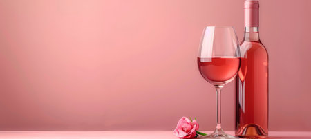 Red wine bottle and glass on pastel background with ample space for text placementの素材