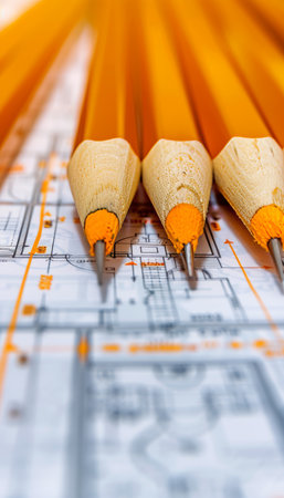 Architectural blueprint and technical drawing on architect s desk for a detailed project planの素材
